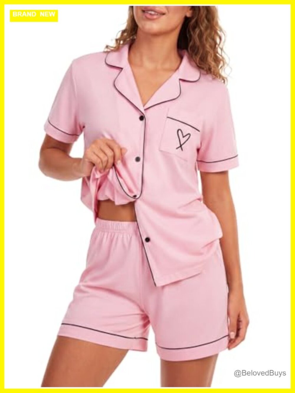 LYANER Women's Heart Print Pajama Set Button Down Shirt & Shorts Sleepwear